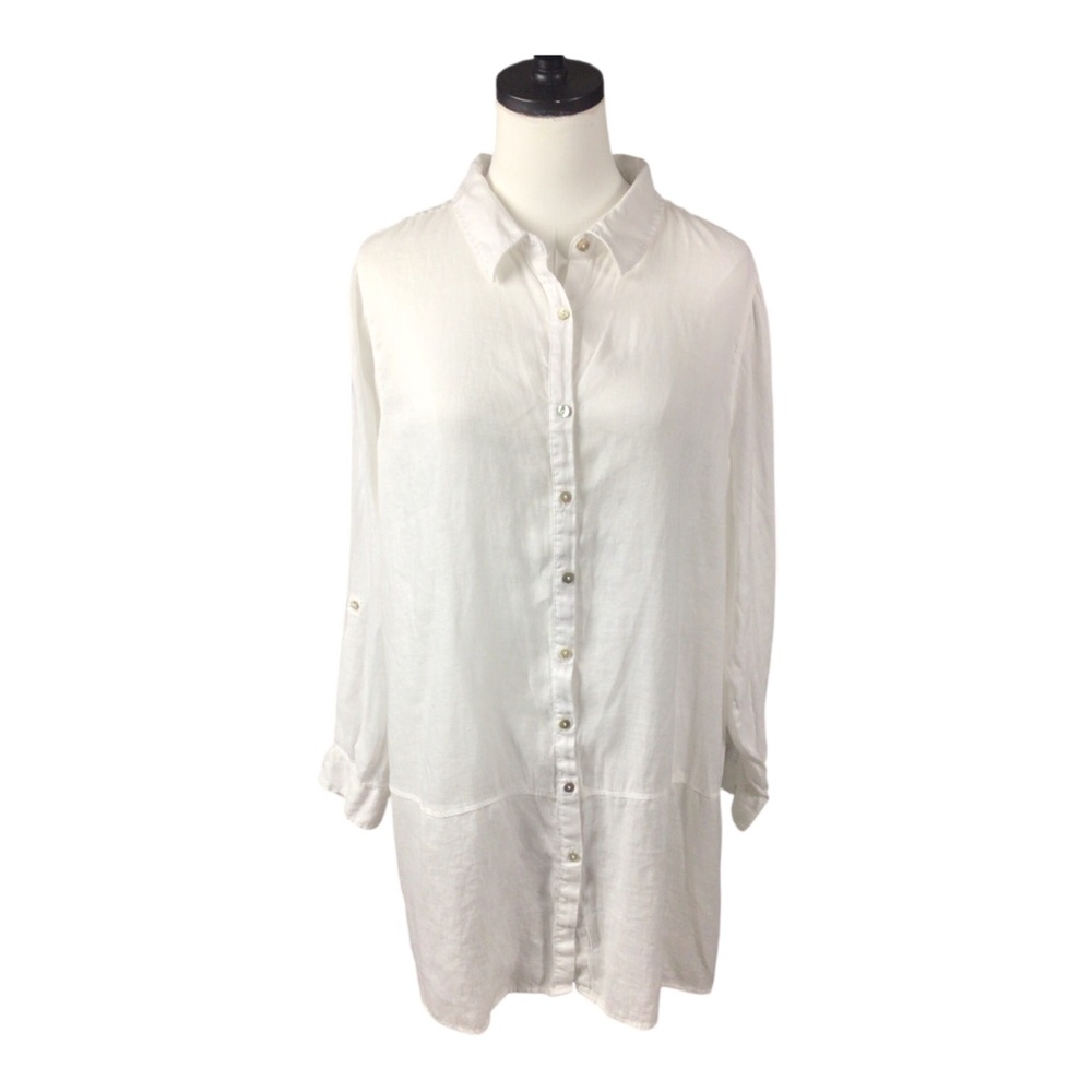 Tahari Linen White Button-Front Longline Shirt 1X Beachy Cottagecore Lagenlook